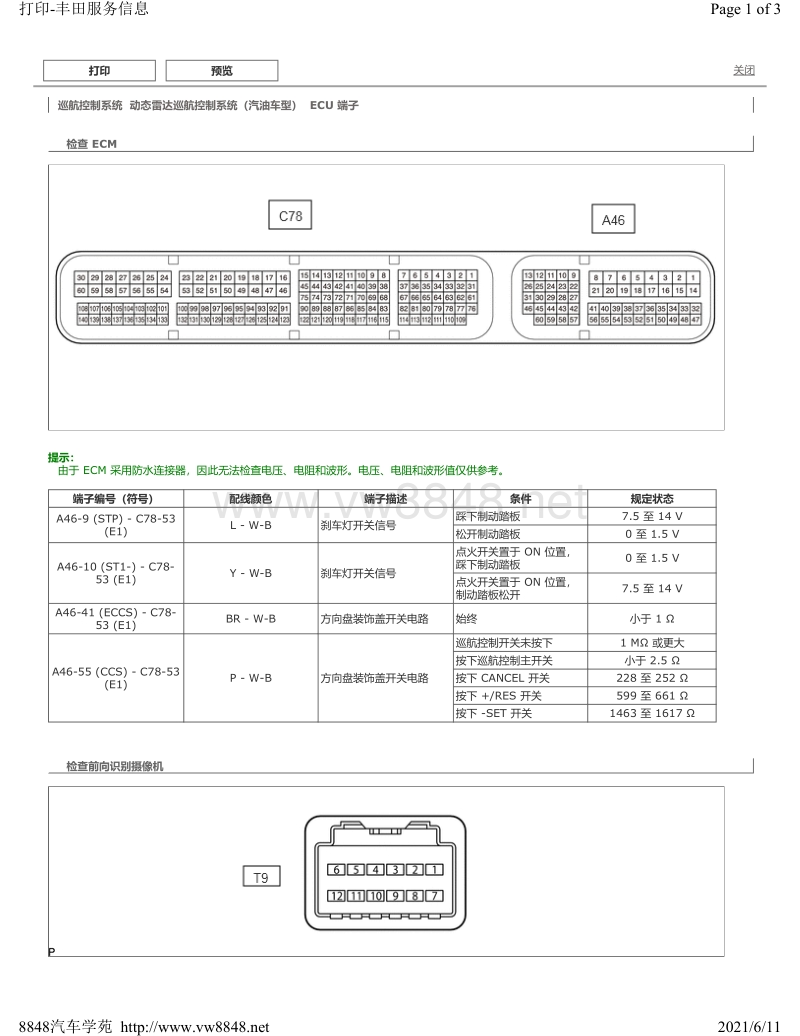 2019年丰田卡罗拉雷凌针脚图含混动动态雷达巡航控制系统汽油车型ecu