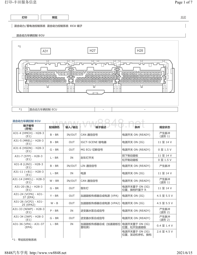 2019年卡罗拉双擎e针脚图混合动力控制系统euc端子图