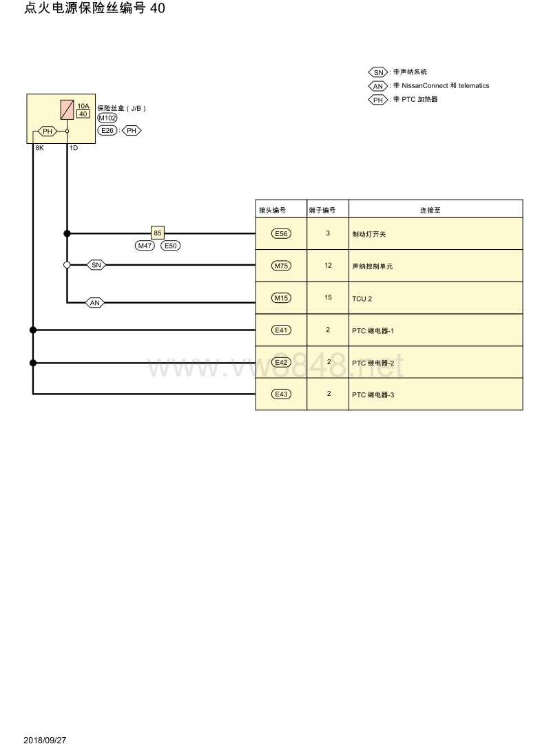 2018-2019年日产天籁l34电路图-点火电源保险丝编号 40