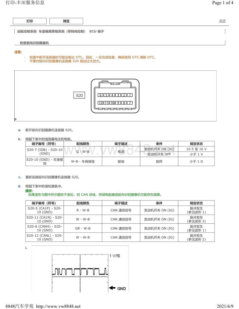 20152018年丰田汉兰达针脚图车道偏离警报系统带转向控制ecu端子图