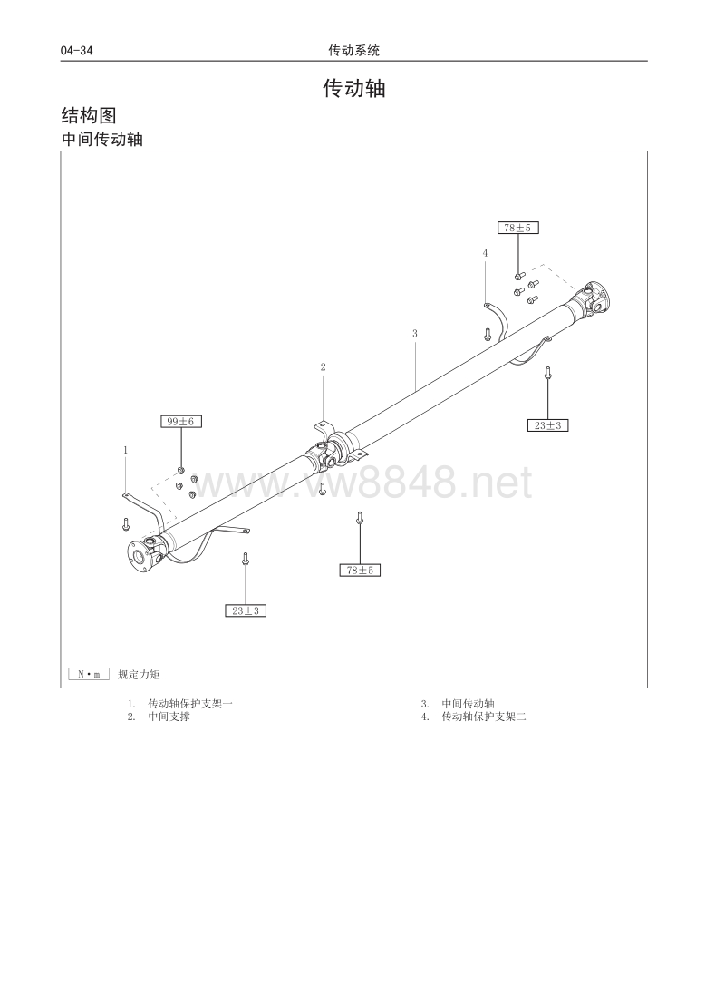 04-34传动系统传动轴结构图中间传动轴1传动轴保护支架一2中间支撑3
