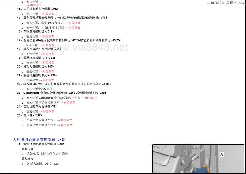 2016年大众夏朗电路图 安装位置:车厢内控制单元