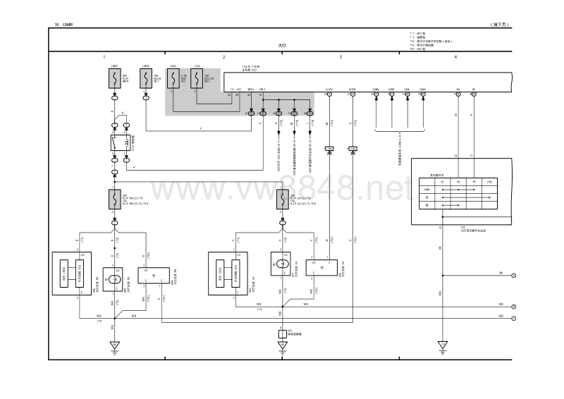 2017年丰田凯美瑞系统电路图 大灯灯光和照明