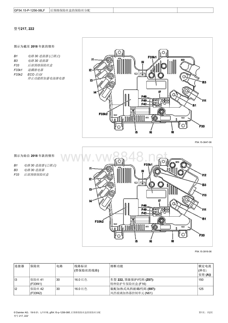 2018年奔驰s320电路图(w222) 后预熔保险丝盒的保险丝