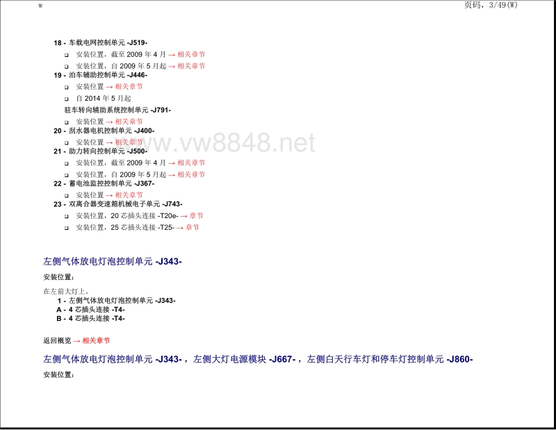 2014大众尚酷全车电路图03-安装位置:前部控制单元