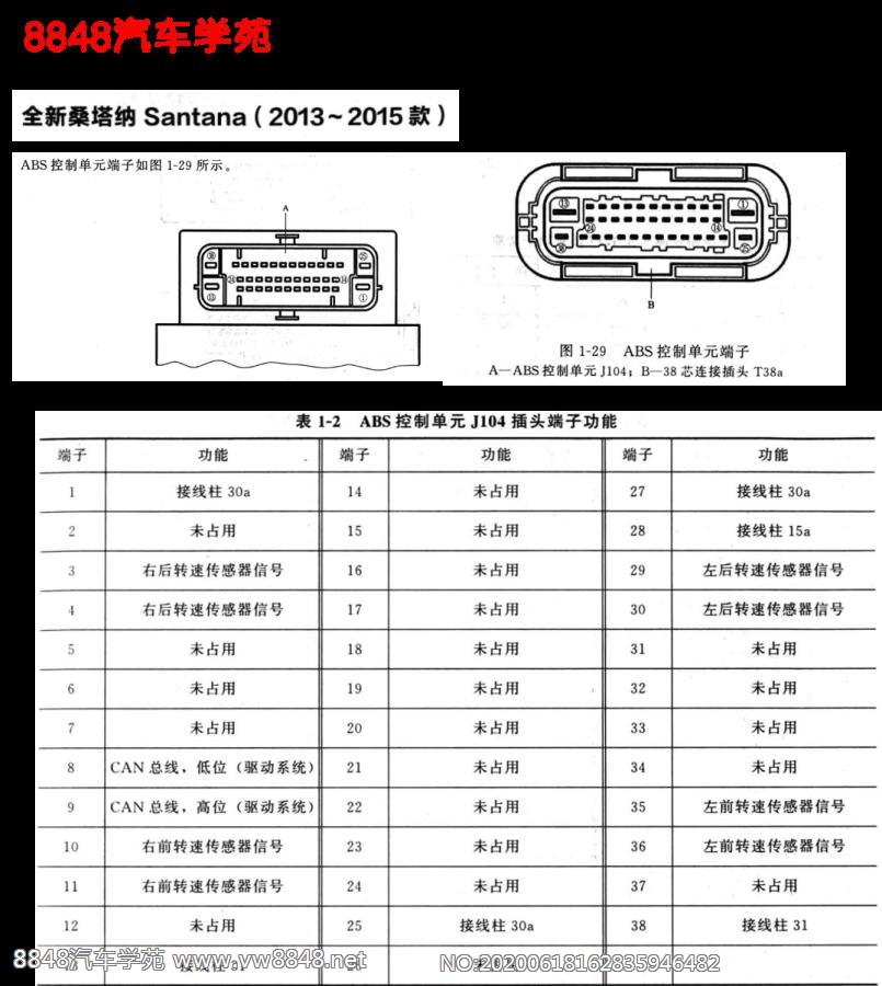 2013年全新桑塔纳abs控制单元针脚图